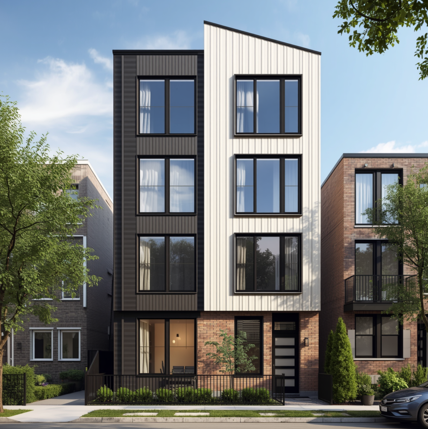 Modern multi-story residential building with large windows, black and white exterior panels, brick ground level, small front yard, and neighboring buildings, under a partly cloudy sky.