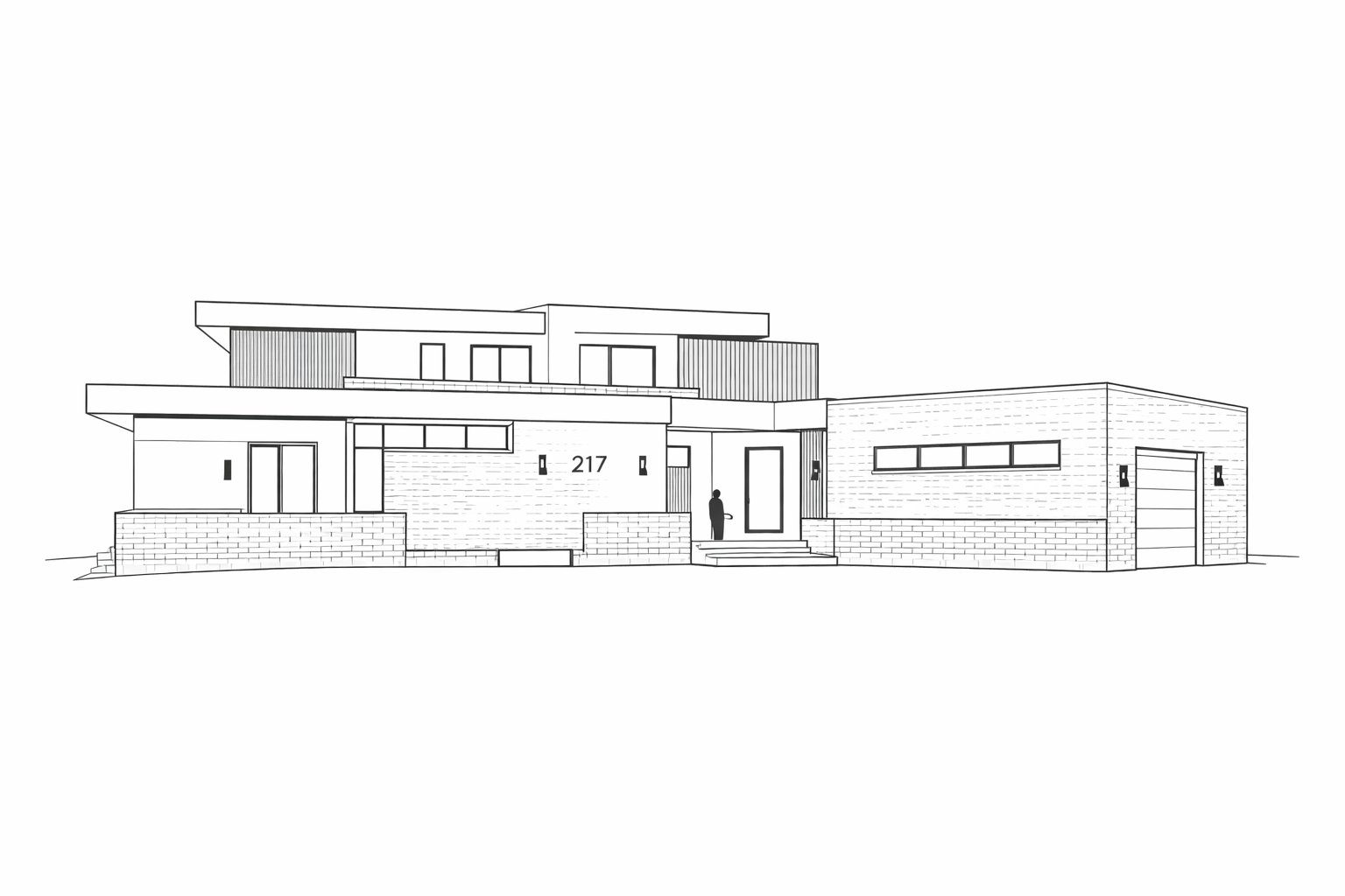Line drawing of a modern multi-story house with a flat roof, brick walls, and large windows, featuring the number 217 near the front door and a person standing outside.