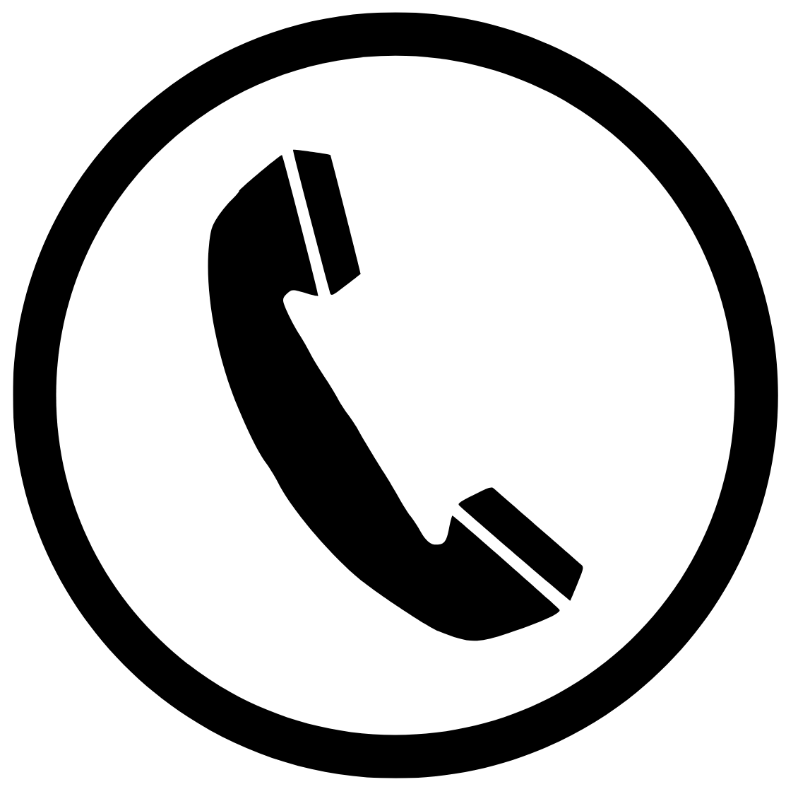 Black telephone receiver icon inside a white circle with a black background.
