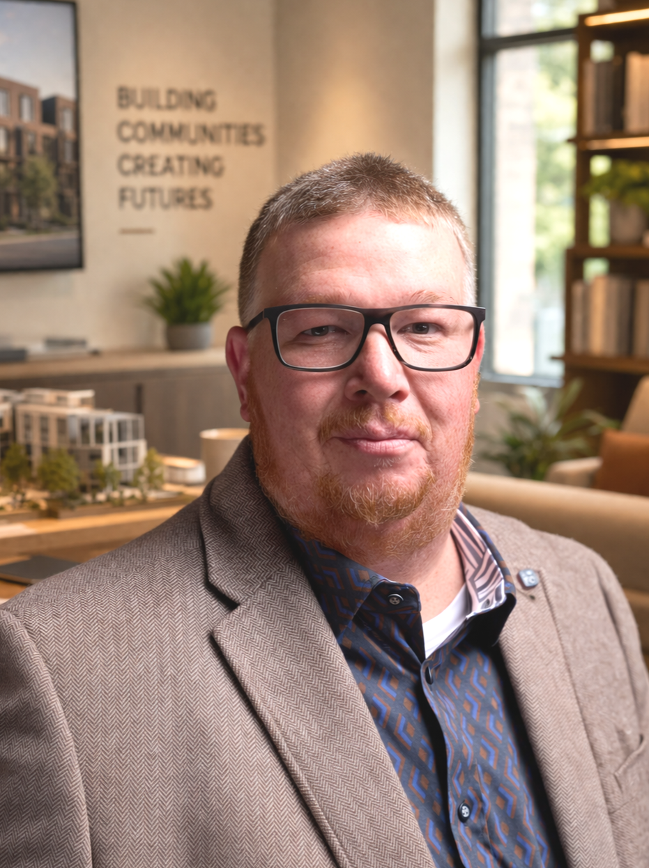 A man wearing glasses and a suit jacket sitting in a modern office or conference room with a sign that reads 'Building Communities Creating Futures,' a model of buildings, plants, and bookshelves in the background.