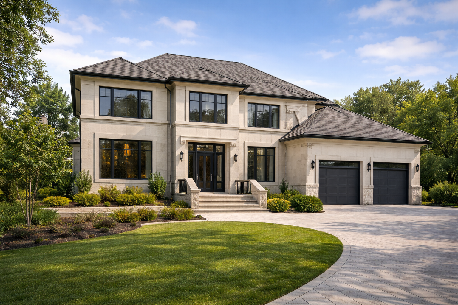 Front view of a modern two-story house with a landscaped lawn and driveway.