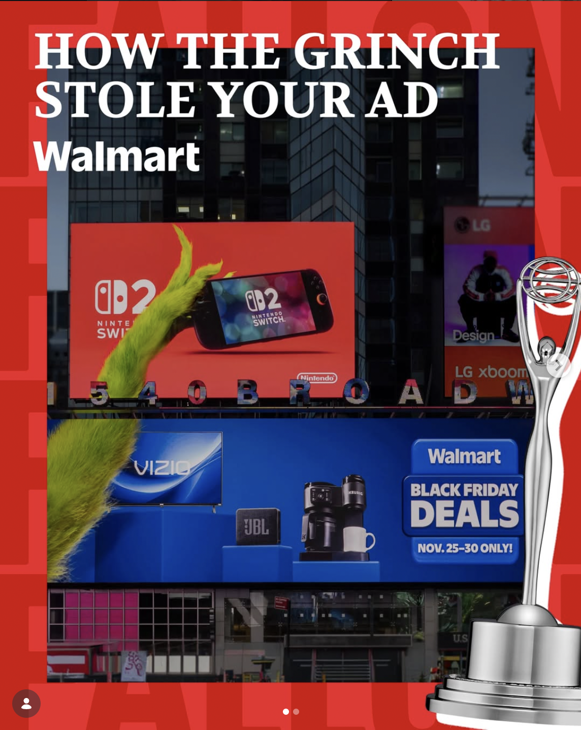 A digital billboard in an urban area displays advertisements for Nintendo Switch, JBL, and LG products. A green furry hand points at the Nintendo Switch ad. The scene is framed with a red border and a silver trophy is on the right side.