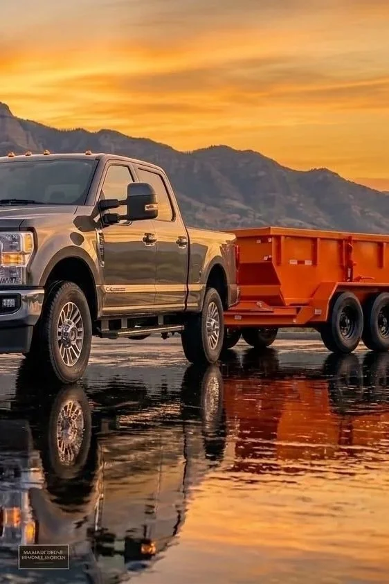 A truck with a red trailer parked near a body of water during sunset, with mountains in the background and their reflections visible in the water.