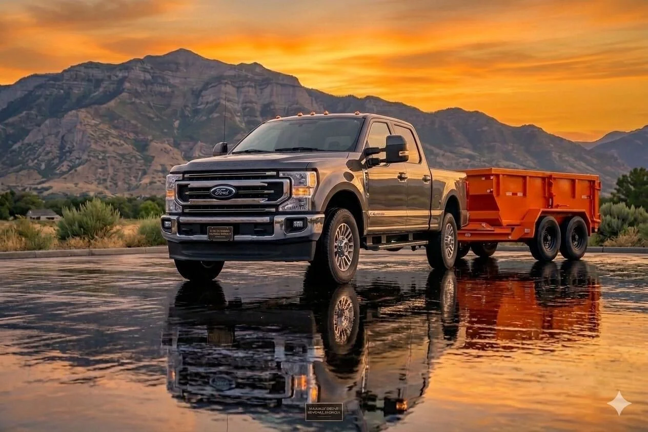 A black Ford pickup truck with an orange trailer attached, parked on wet pavement with a mountain range and sunset sky in the background.