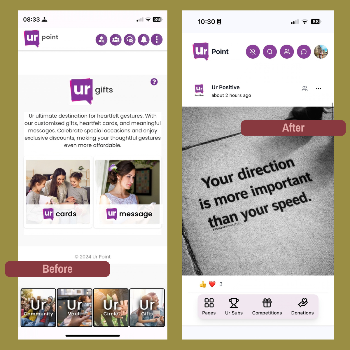 Before and after screenshots of a mobile app called 'Ur Point'. The left screenshot shows the 'gifts' section with options for 'cards' and 'message', featuring images of people interacting and a woman reading a note. The right screenshot displays a motivational quote, 'Your direction is more important than your speed,' with icons for pages, subscriptions, competitions, and donations at the bottom.