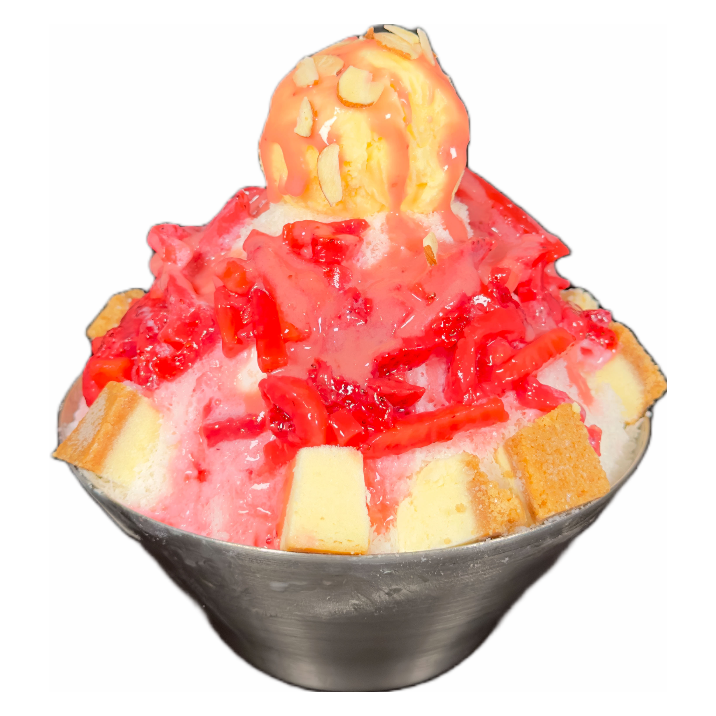 A bowl of shaved ice topped with strawberries, cheesecake, a scoop of vanilla ice cream with almond slices.