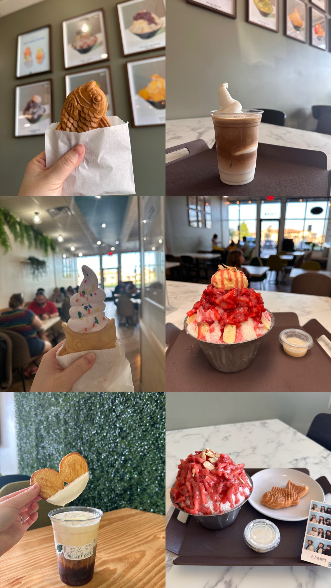 A collage of six photos showing various desserts and drinks at a cafe. Top left: a hand holding a taiyaki fish-shaped pastry. Top right: a layered iced coffee with whipped cream on top. Middle left: a soft serve ice cream cone with colorful sprinkles. Middle right: a bowl of shaved ice topped with strawberries, vanilla ice cream, and syrup. Bottom left: a heart-shaped pastry held over a drink with a leafy green wall in the background. Bottom right: a shaved ice topped with strawberries and crushed cookies, served with a fish-shaped pastry on a plate.