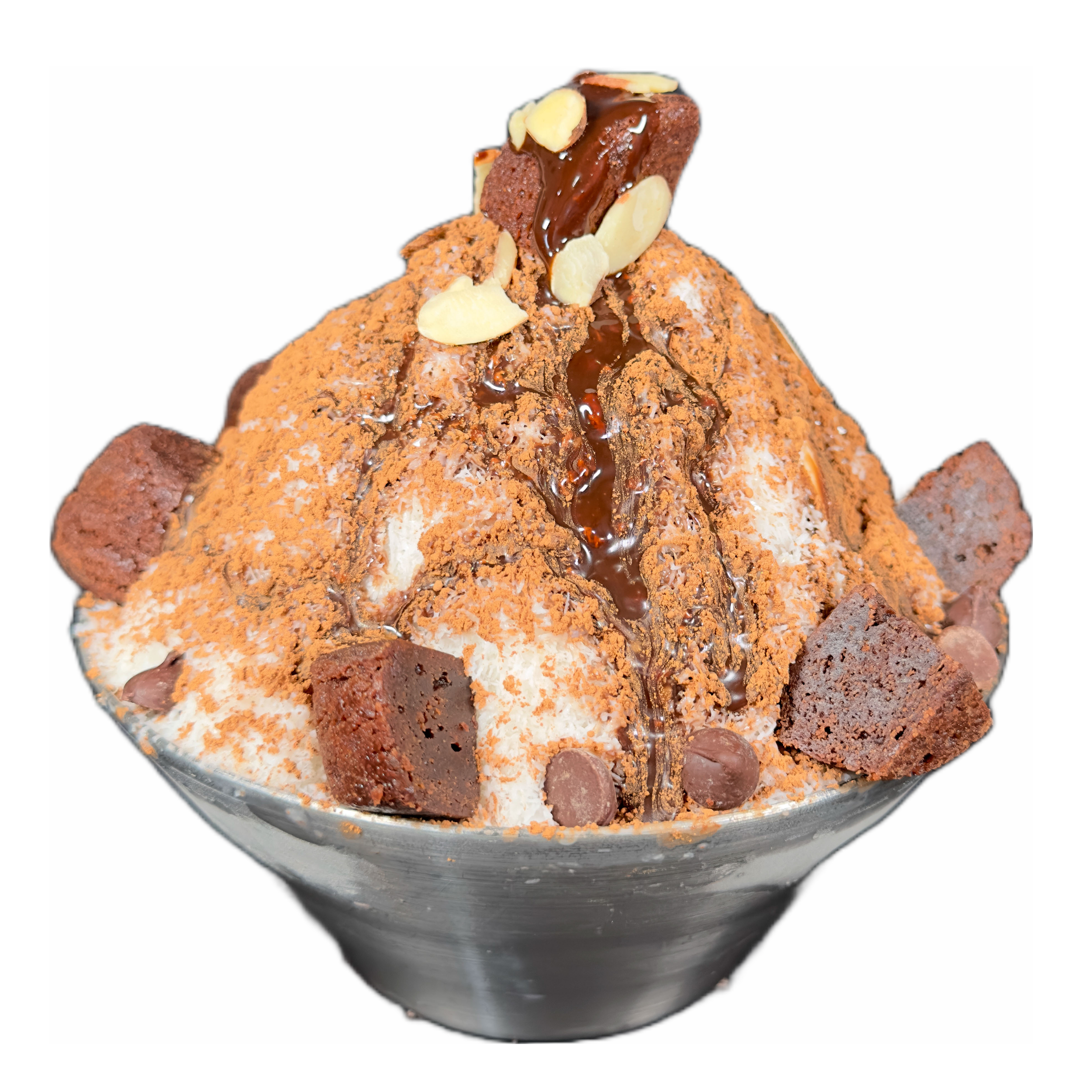 Bowl of chocolate shaved ice topped with chocolate syrup, brownies, chocolate chips. 