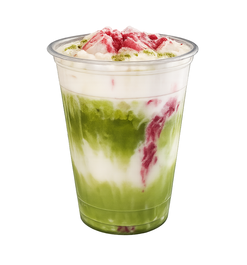 Layered matcha drink with strawberries. 