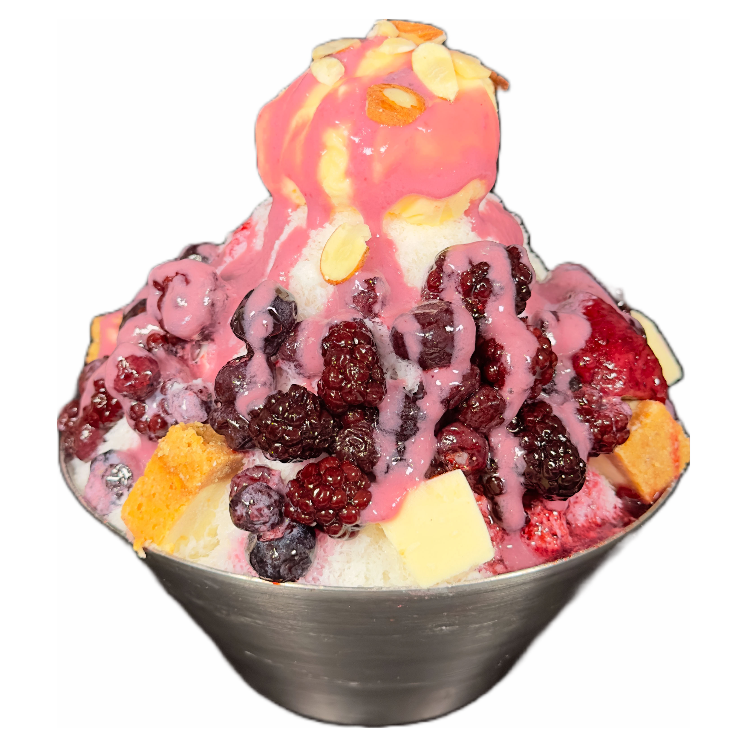 A bowl of shaved ice with cheesecake, berries, and ice cream. 