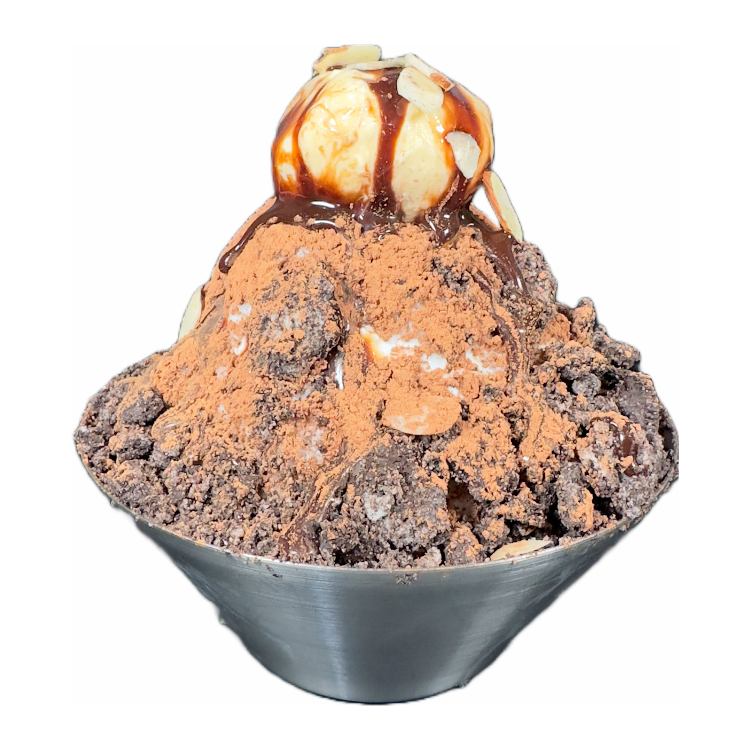 Bowl of shaved ice topped with chocolate syrup, whipped cream, crushed Oreo cookies. 