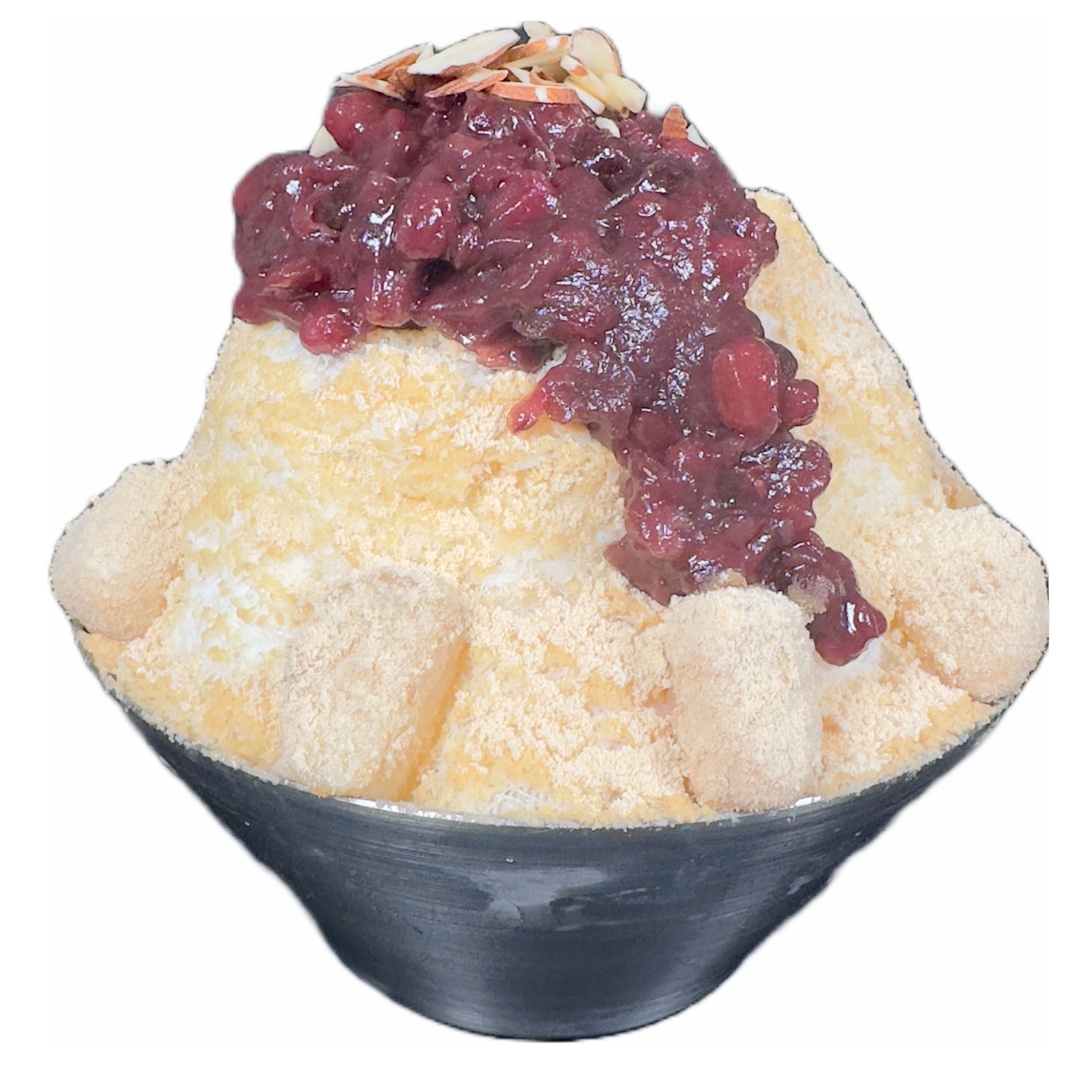 A bowl of shaved ice topped with red bean paste and sliced almonds.