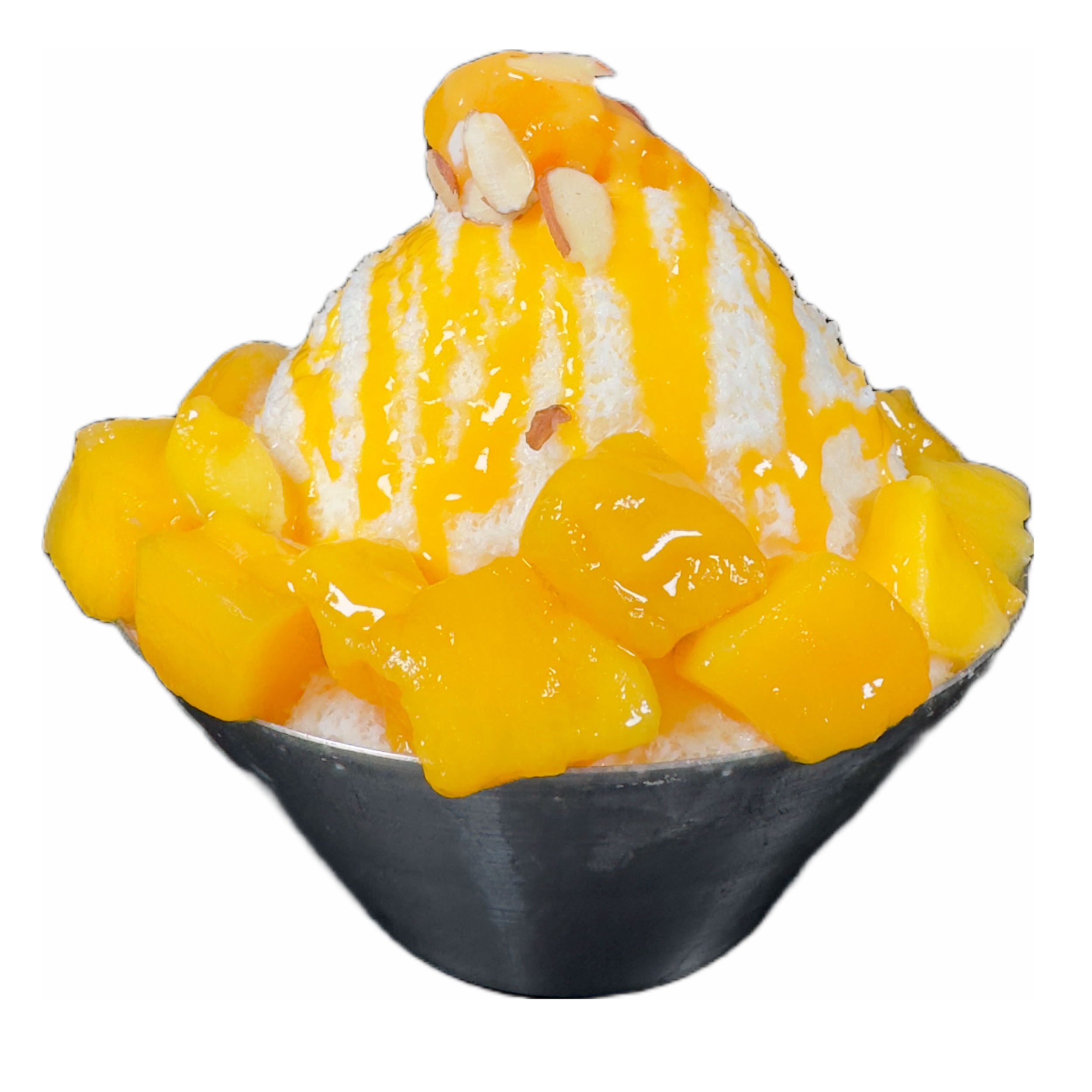 Mango shaved ice dessert topped with mango chunks and mango syrup.