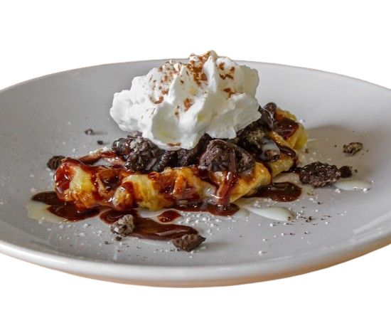 Oreo Croffle. Waffle with oreos, whipped cream, chocolate syrup. 