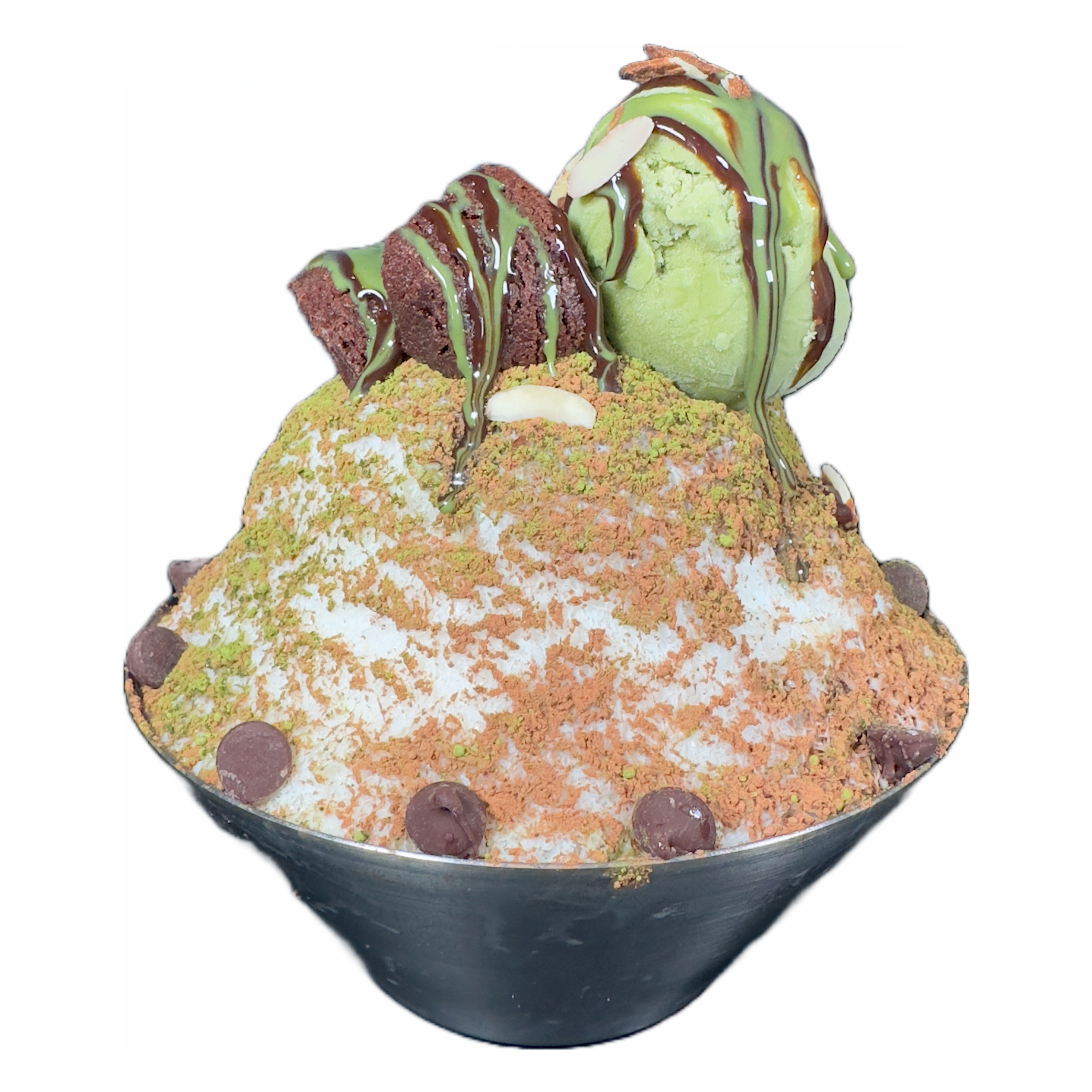 Bowl of shaved ice topped with matcha ice cream, chocolate brownies, chocolate chips, and drizzled with chocolate syrup.