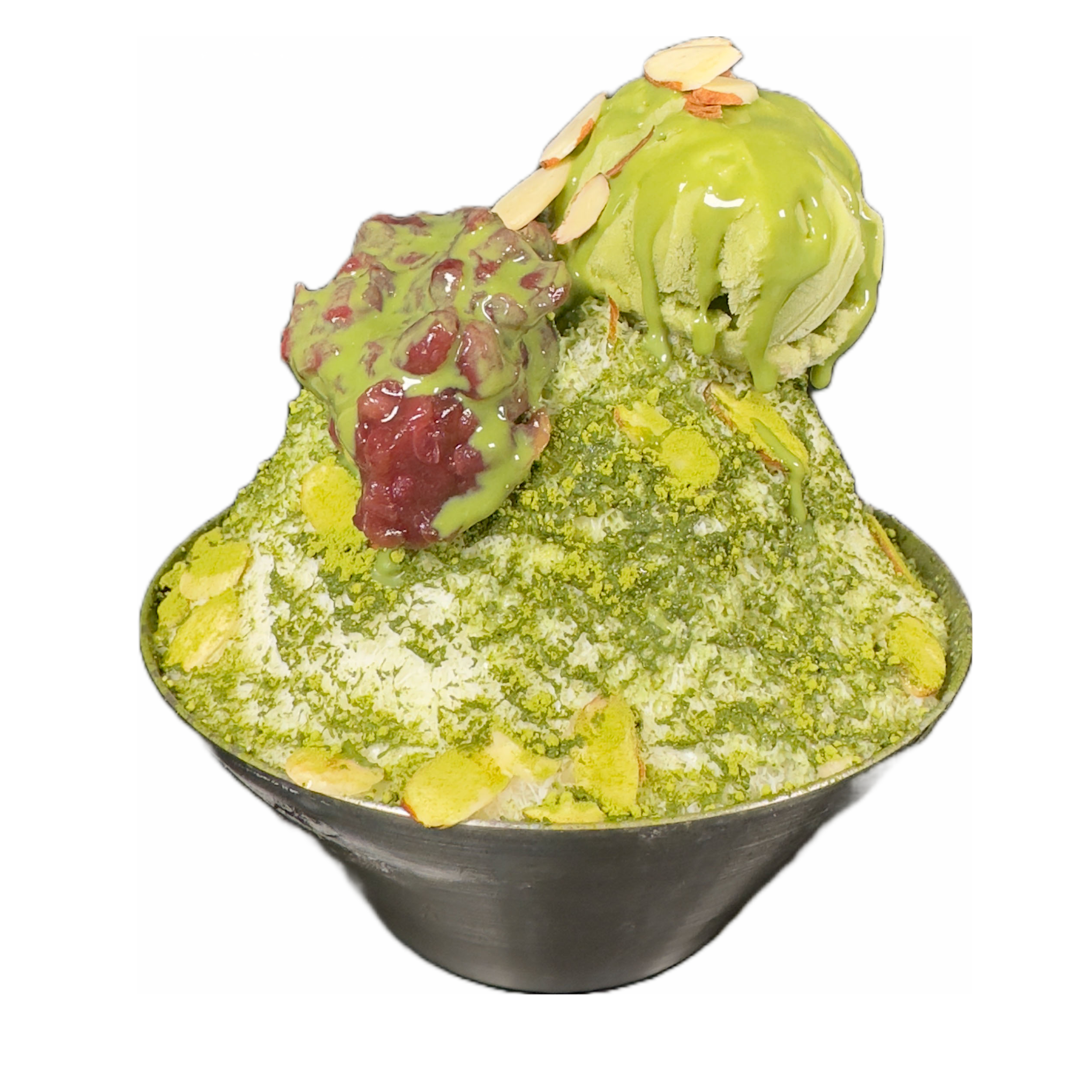 Bowl of matcha shaved ice with red bean and matcha ice cream. 