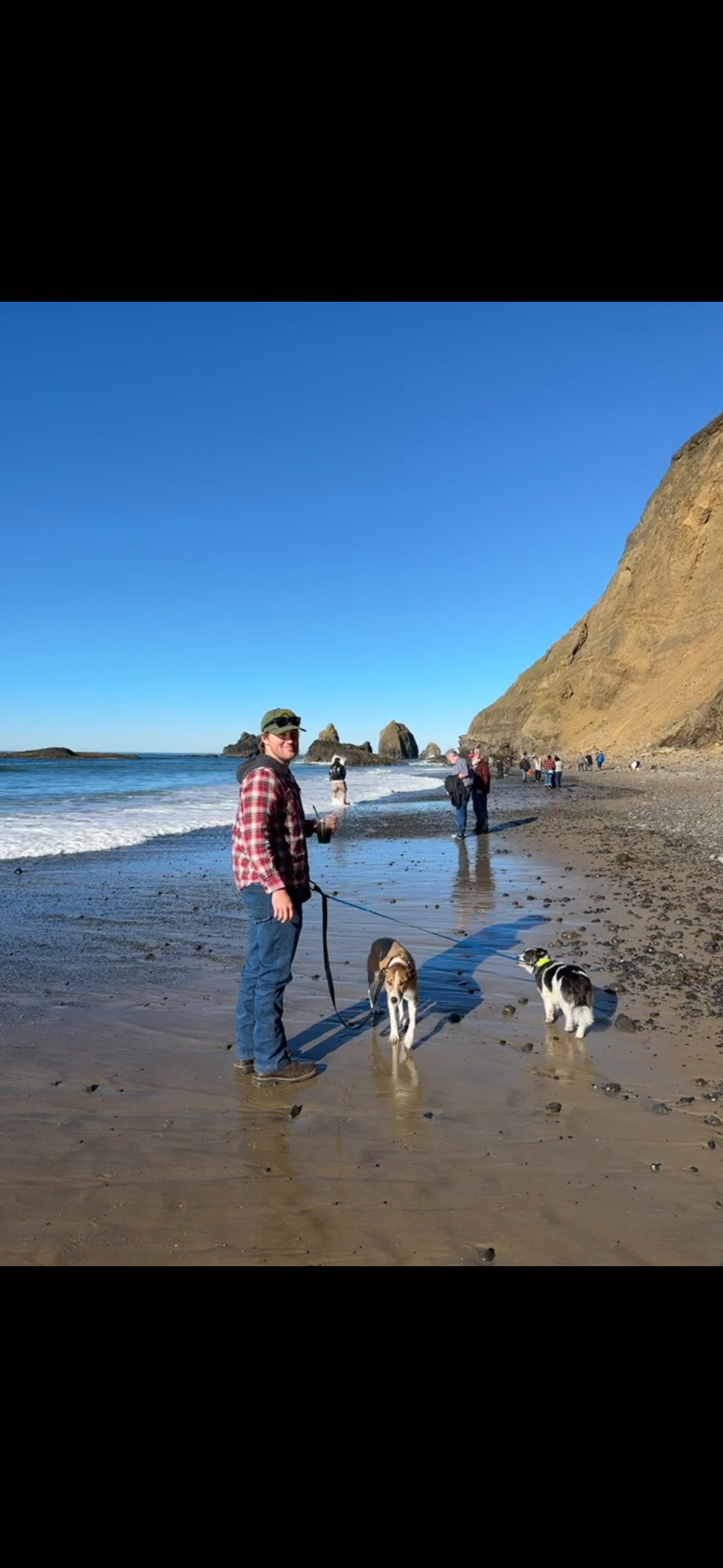 A man wearing a red plaid shirt and sunglasses stands on a sandy beach holding a leash attached to two dogs. The Oregon beach has other people walking, with a large cliff and rock formations in the background under a clear blue sky.