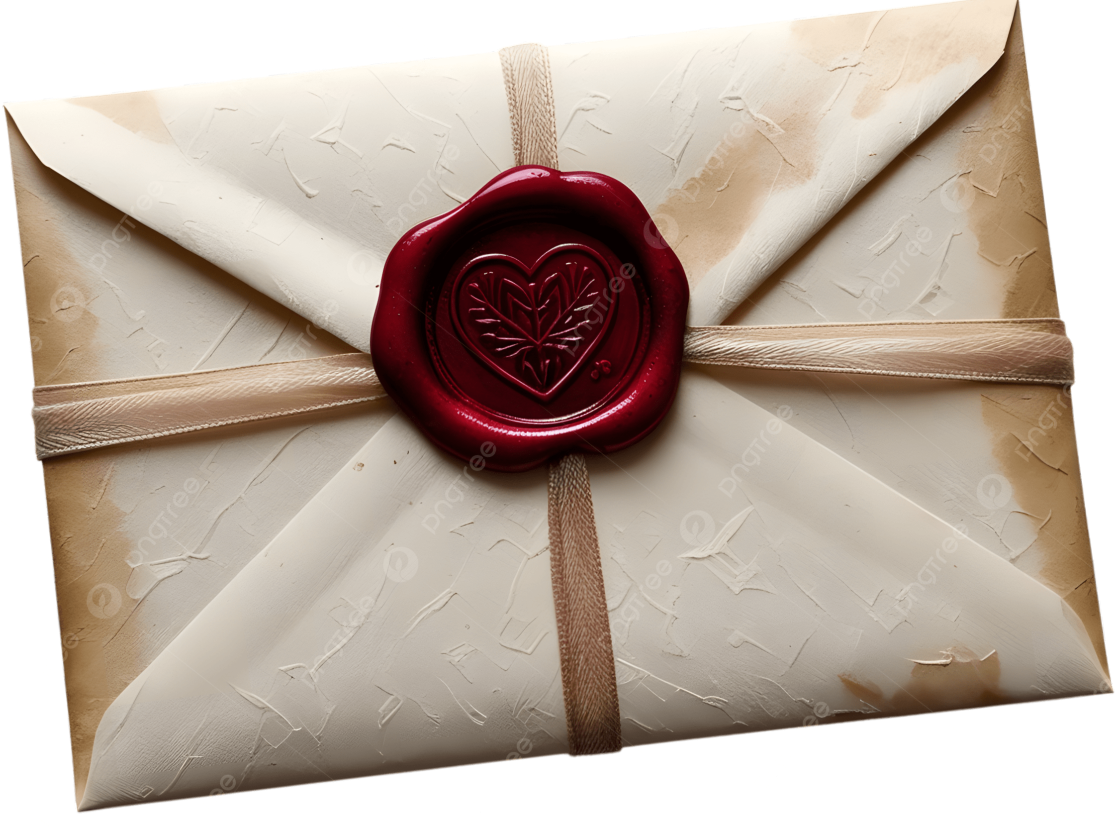 A gift wrapped in cream-colored paper with a textured pattern, tied with a satin ribbon, and sealed with a red wax stamp featuring a heart and leaf design.