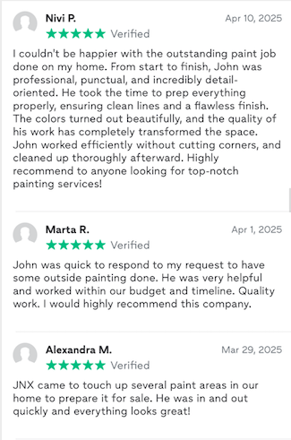 Screenshot of five-star reviews for a painting service, praising professionalism, quality, and attentiveness.