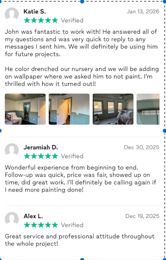 Screenshots of online reviews praising a painting or home improvement service, with comments about the quality of work, professionalism, and customer satisfaction, accompanied by images of interior room renovations.