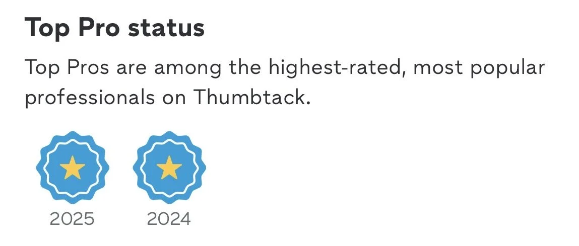 Icons indicating high ratings for Top Pros in 2024 and 2025 on Thumback.