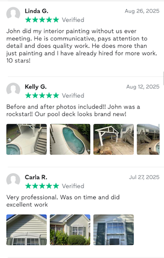 Screenshots of customer reviews for home improvement services, including interior painting, deck building, and home siding work, with photos of completed projects.
