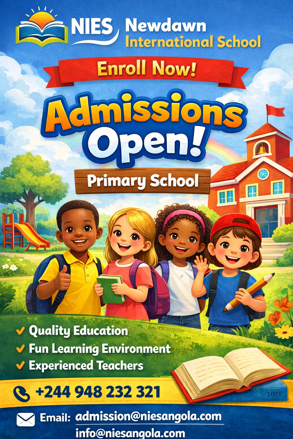 A colorful advertisement for NIES Newdawn International School announcing that admissions are open for primary school. The ad features four smiling children with backpacks standing in front of a school building, with a bright blue sky, trees, flowers, and a playground in the background. Contact information and a list of benefits such as quality education, fun learning environment, and experienced teachers are included.