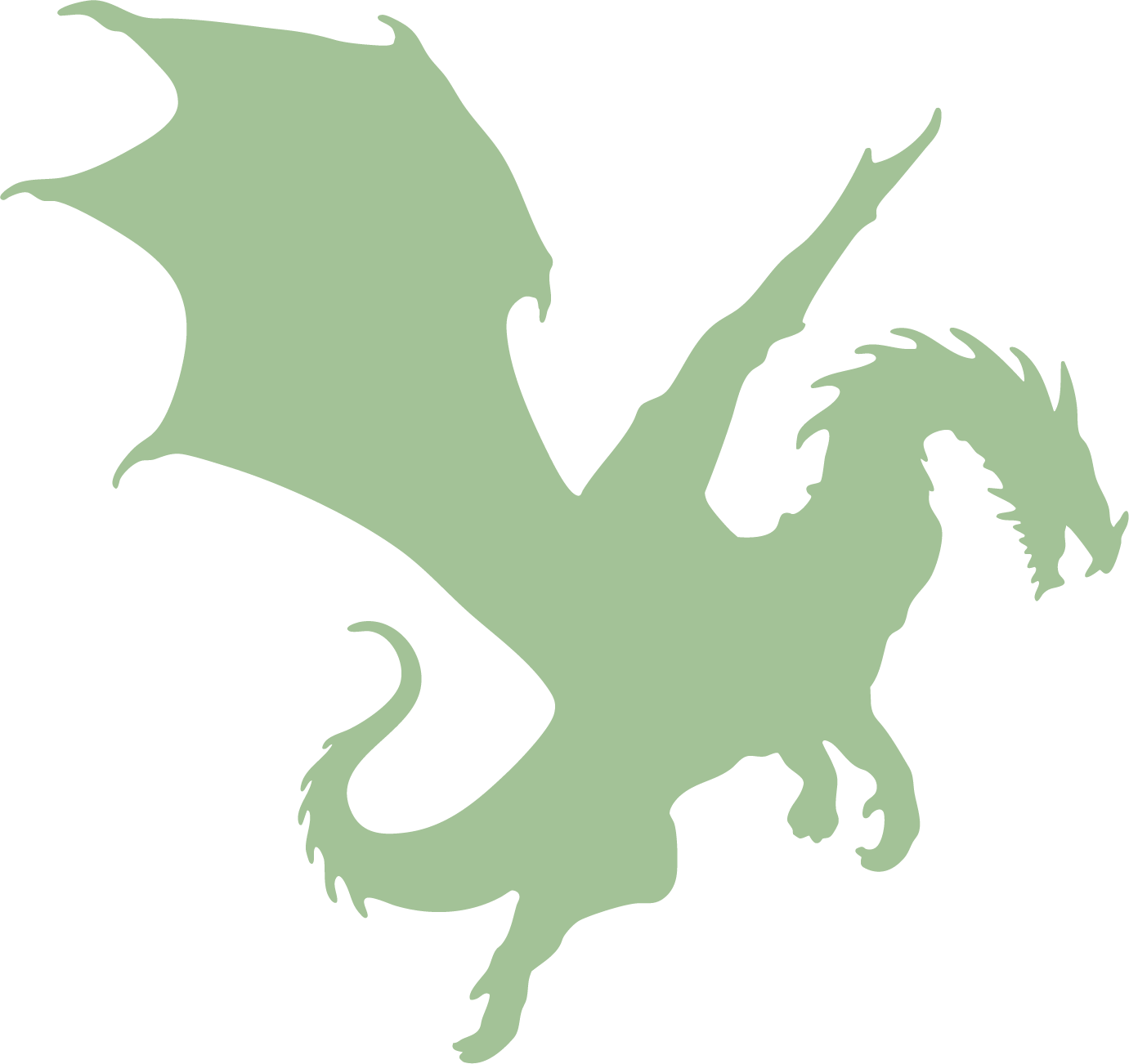 Silhouette of a green dragon with wings, tail, and claws on a black background.
