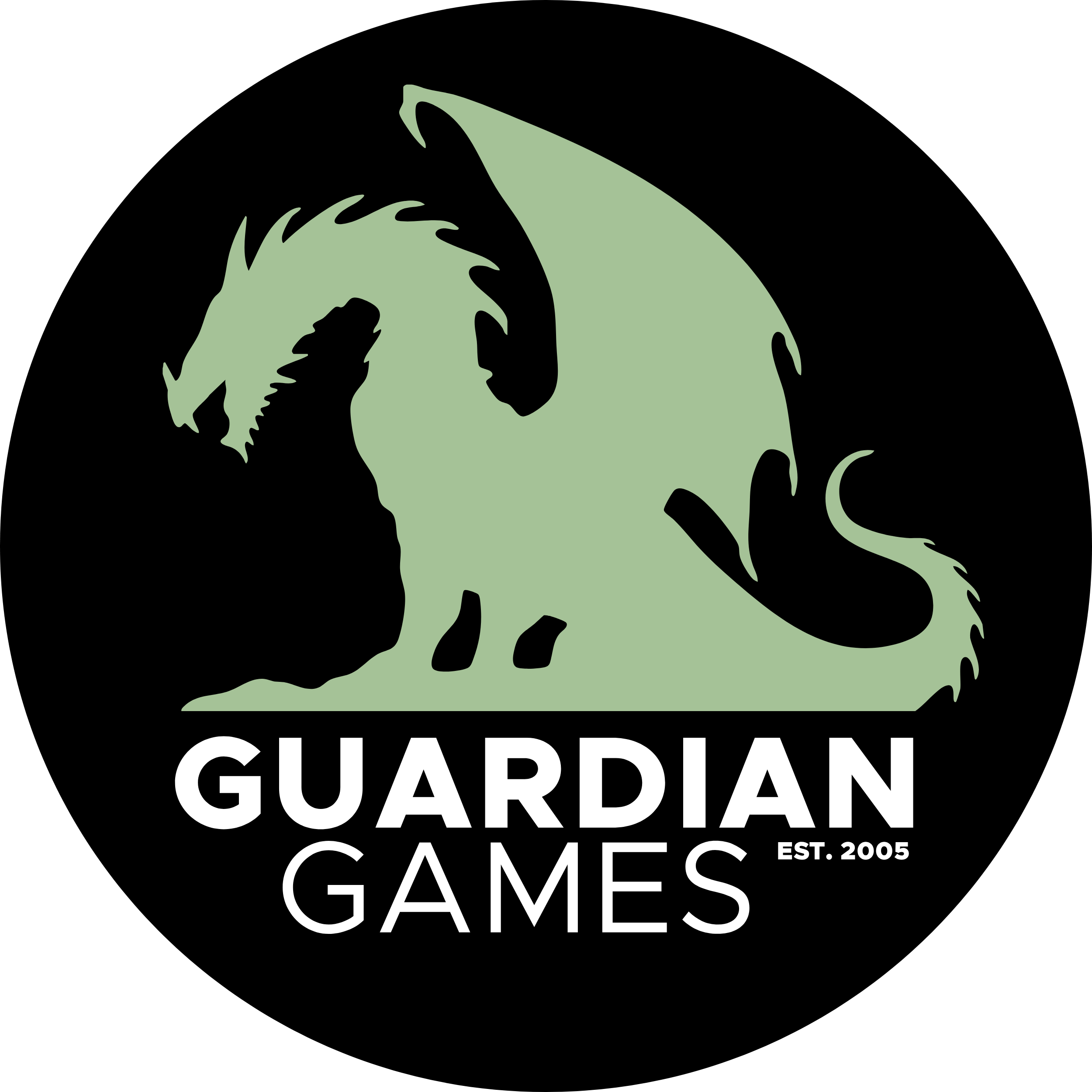 Black background with light green logo of a stylized fox or dog head and the words 'Guardian Games' beneath it, along with 'EST. 2005'.