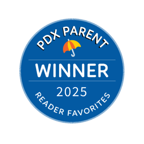 Blue circular badge with a yellow umbrella icon at the top, reading "PDX PARENT WINNER 2025 READER FAVORITES" in white text.