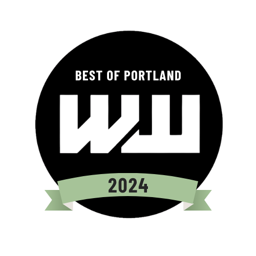 Logo for 'Best of Portland 2024' with stylized 'W' and 'U' initials in black and white, and a green ribbon banner.