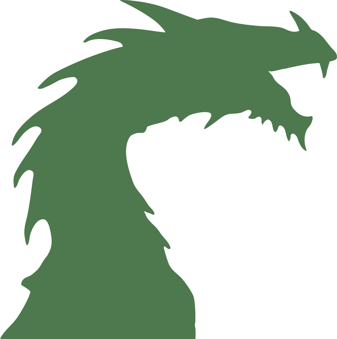 Green silhouette of a dragon's head with sharp features and an open mouth, facing right.