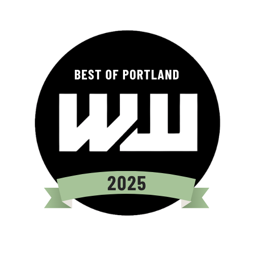Logo for 'Best of Portland 2025' with stylized initials 'W' and 'U' in black and white, green ribbon banner displaying '2025' at the bottom.