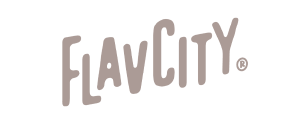 Logo of Flavor City in black and purple text.