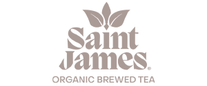 Logo of Saint James Organic Brewed Tea with a stylized leaf design.