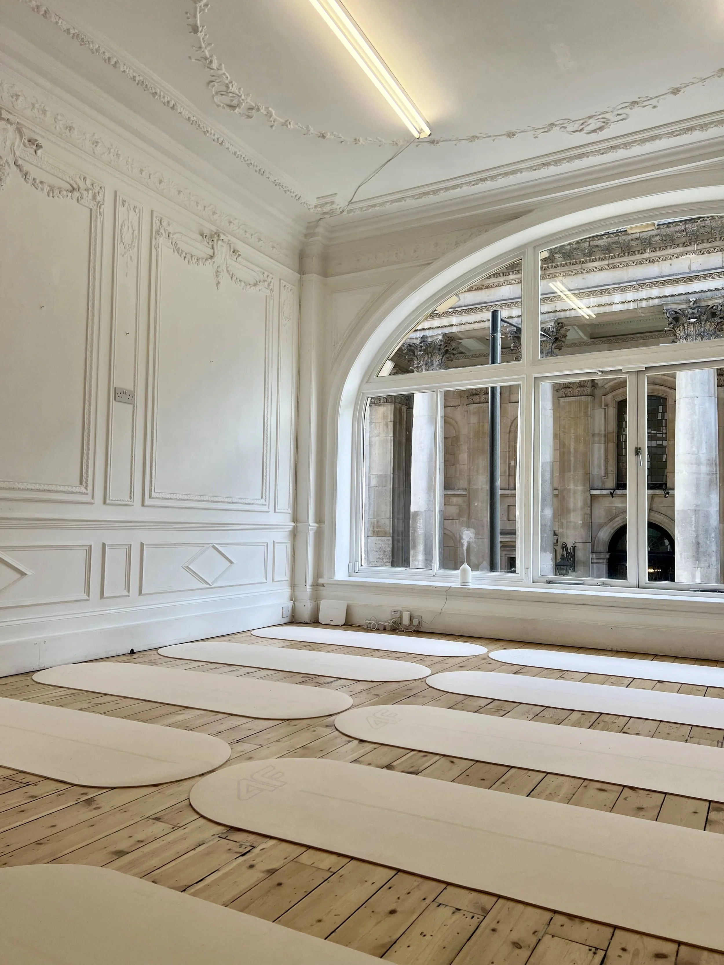 Light pink Pilates mats laid out on the ground of a room with huge windows on one wall.
