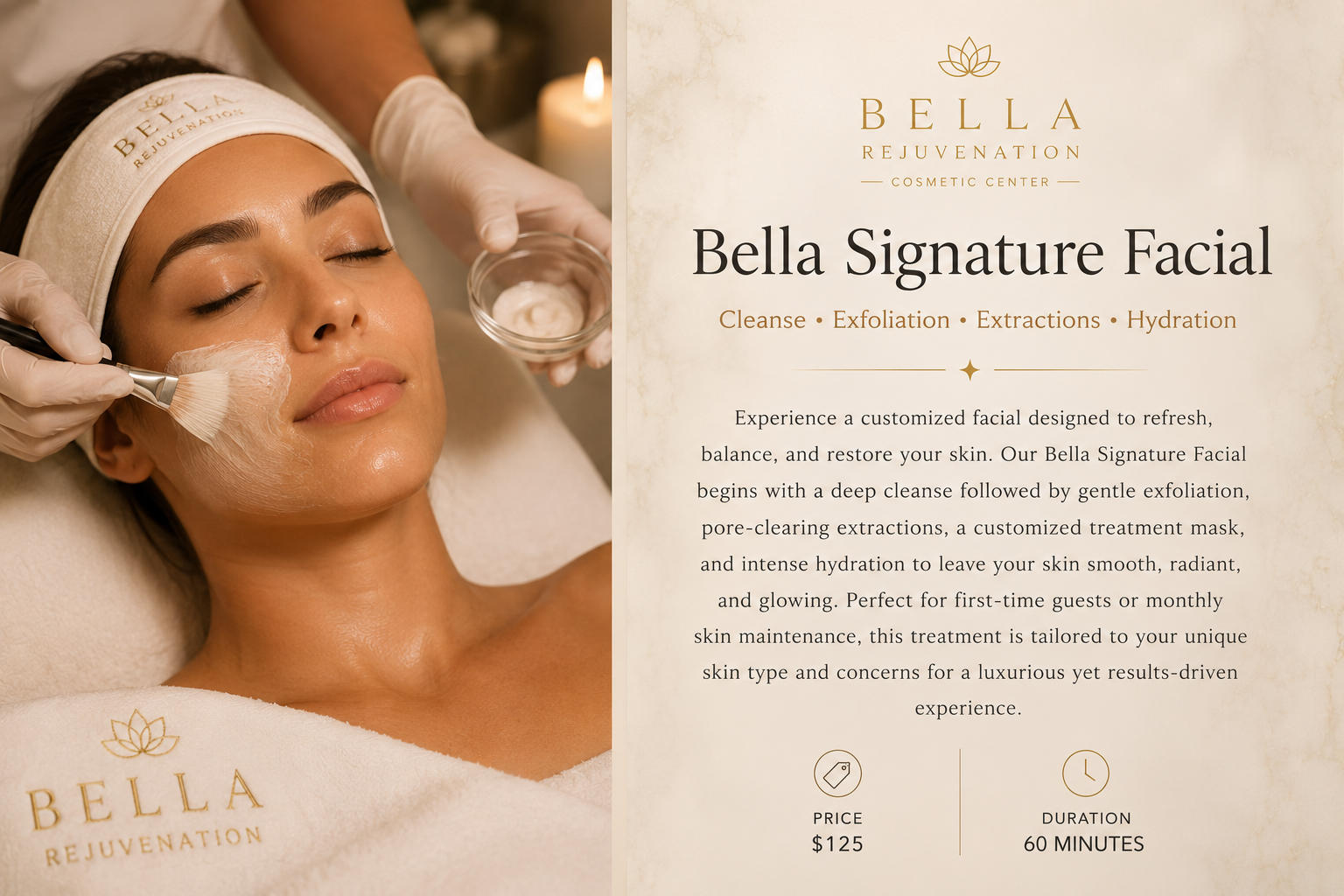 A woman is receiving a facial at a spa, with a skincare professional applying a mask or moisturizer to her face. The woman is lying down and appears relaxed, wearing a headband with the spa's name, Bella Rejuvenation. Beside her, there is informational text about the Bella Signature Facial, its benefits, price, and duration.