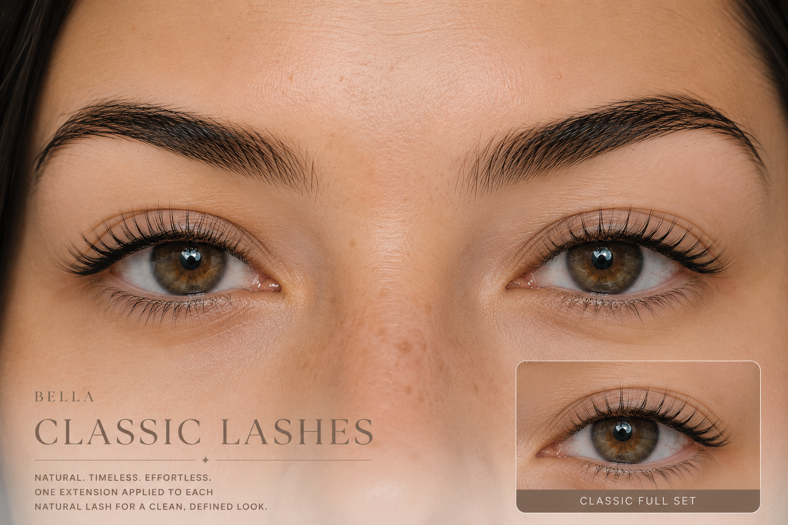 Close-up of a woman's face focusing on her eyes, showcasing natural, defined eyelashes; inset image of an eye with long, curled lashes; text promoting classic lash extensions for a clean look.