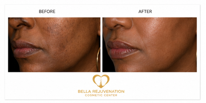 Side-by-side comparison of a woman's lower face before and after skin treatment, showing reduction in skin imperfections. Bella Rejuvenation Cosmetci Center logo at the bottom.