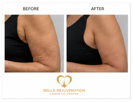 Comparison photo showing an arm before and after skin rejuvenation treatment at Bella Rejuvenation Cosmetic Center, with improved skin texture and firmness in the after image.