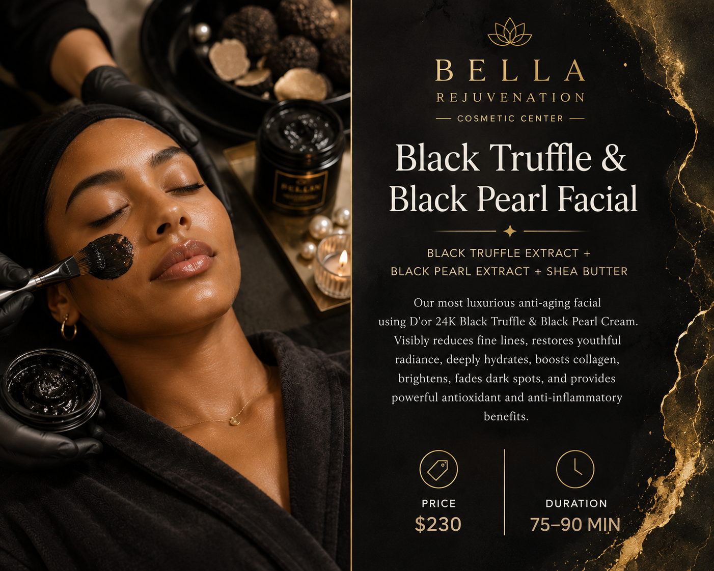 A woman receiving a facial treatment at a luxury spa, with a beautician applying a black truffle and black pearl facial mask to her face. The setting is elegant, with black and gold decor, candles, and skincare products visible.