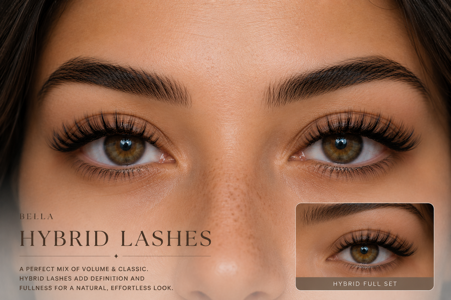 Close-up of a woman's face highlighting her eyes with full, dark, and voluminous hybrid eyelashes, accompanied by an inset showing the full eyelash set.
