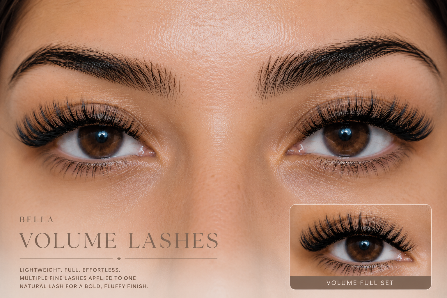 Close-up of a woman's eyes showcasing full, curled, voluminous black eyelash extensions with well-groomed eyebrows, and a smaller inset image of the same eye with a label "Volume Full Set".