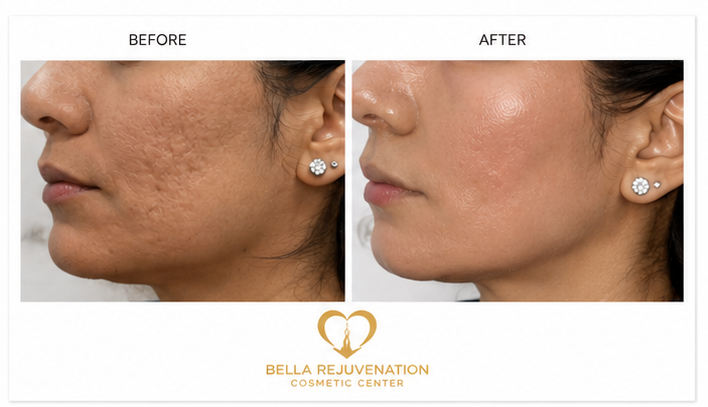 Side-by-side comparison of a woman's face showing skin before and after a cosmetic treatment, with the before image on the left showing acne scars and the after image on the right showing smoother skin. The images are labeled 'BEFORE' and 'AFTER' at the top, and the logo at the bottom reads 'Bella Rejuvenation Cosmetic Center'.