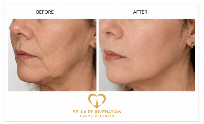 Comparison of a woman's face before and after skin rejuvenation treatment, showing improved skin texture and reduced wrinkles, with the logo and name of Bella Rejuvenation Cosmetic Center.