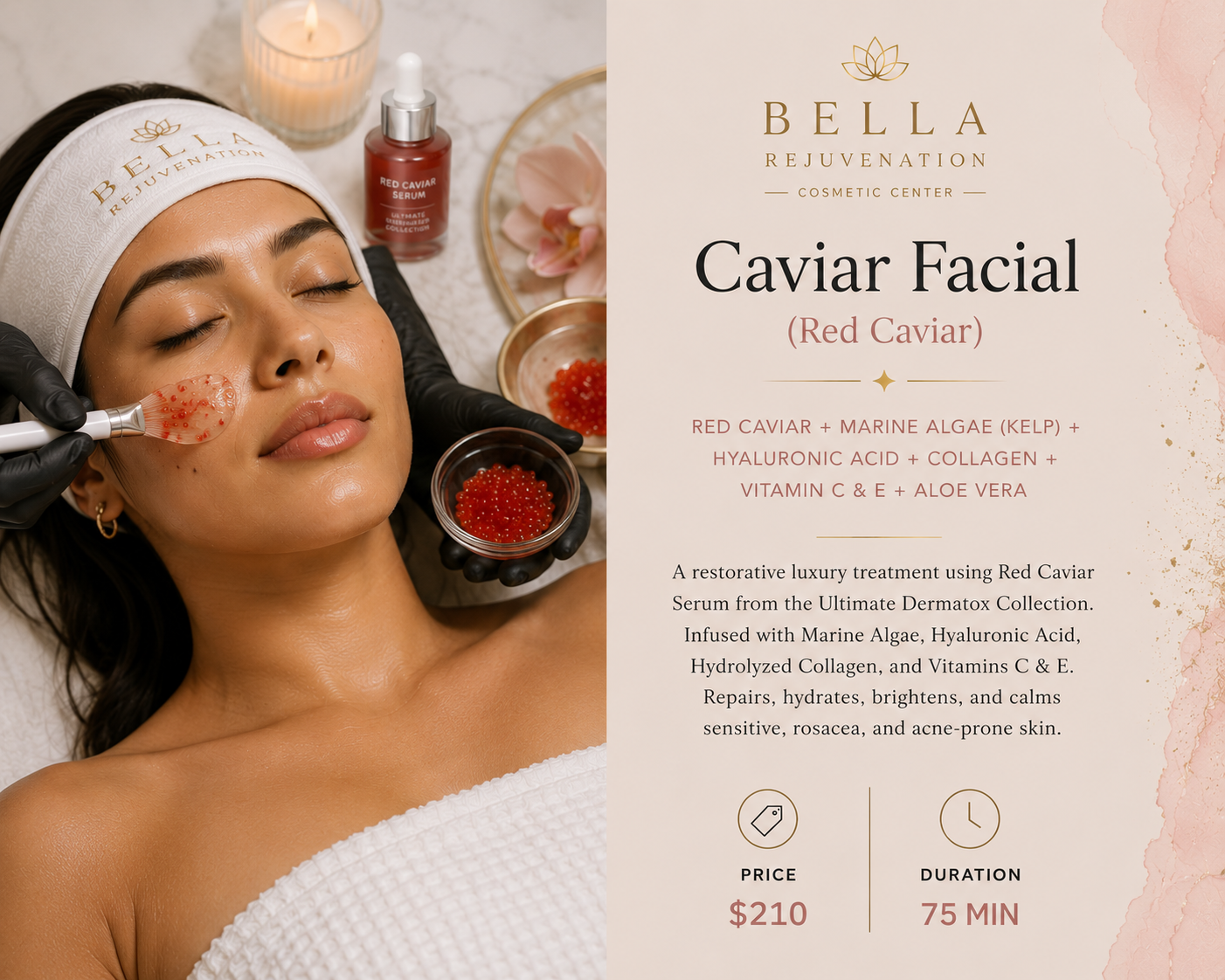 A woman receives a caviar facial treatment at a spa, lying down with closed eyes, while a skincare specialist applies red caviar serum with a silicone spatula. The setup includes glass bowls of red caviar, marine algae, and skincare products, along with candles and pink flowers for a relaxing atmosphere. The adjacent text describes the treatment, its ingredients, price, and duration.