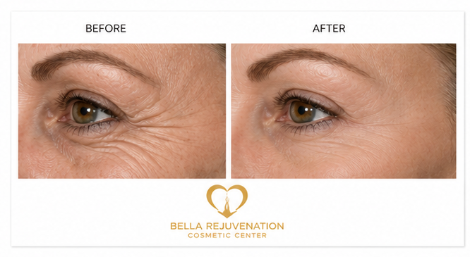 Comparison of eye area showing wrinkles before and after treatment, with the logo and name of Bella Rejuvenation Cosmetic Center.