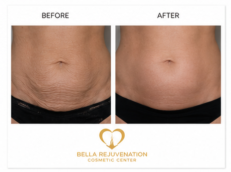 Comparison of abdomen before and after skin tightening treatment, showing reduced wrinkles and smoother skin in the after image, with the Bella Rejuvenation Cosmetic Center logo below.