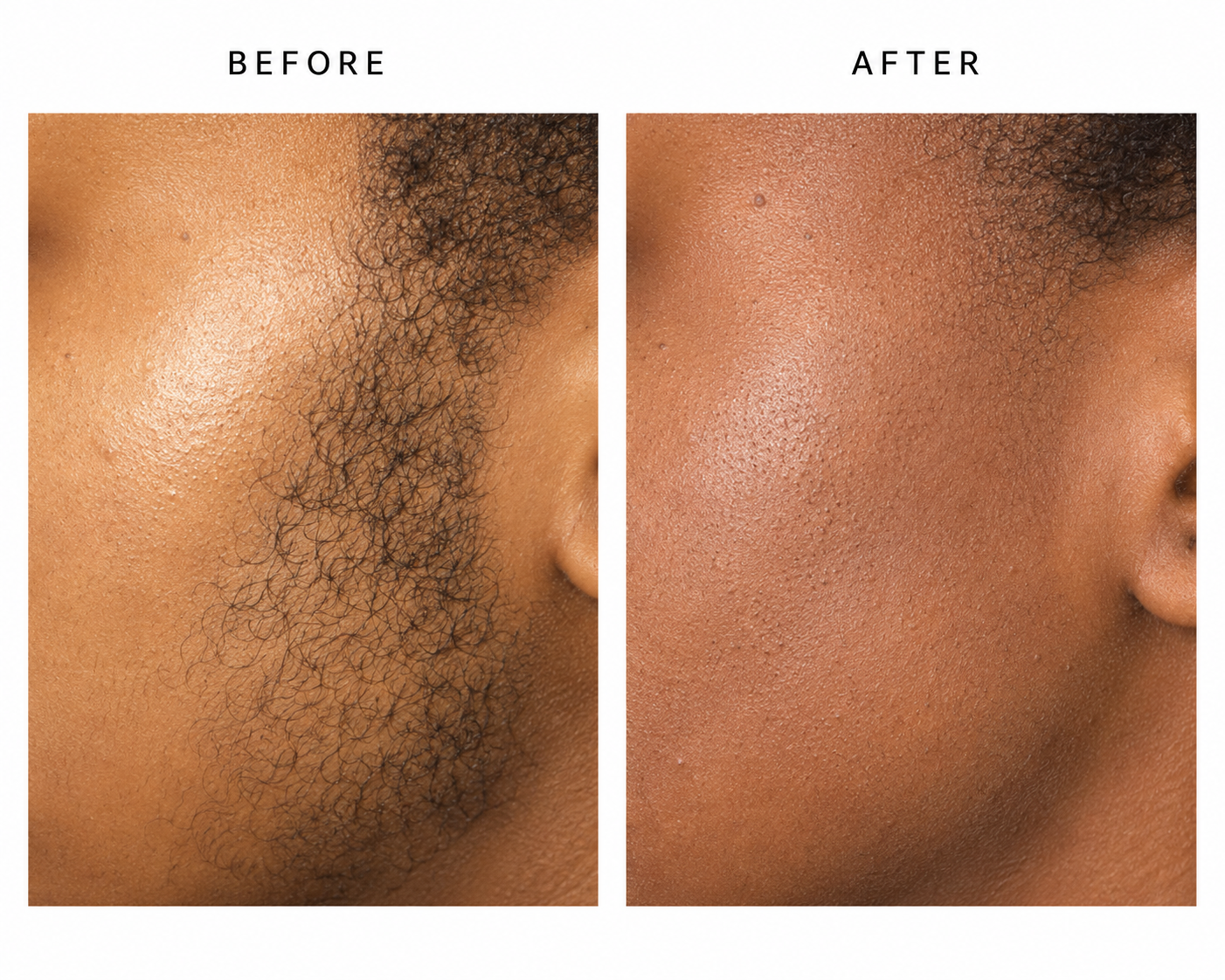 Close-up comparison of a person's face before and after skin treatment, showing reduced facial hair and smoother skin.