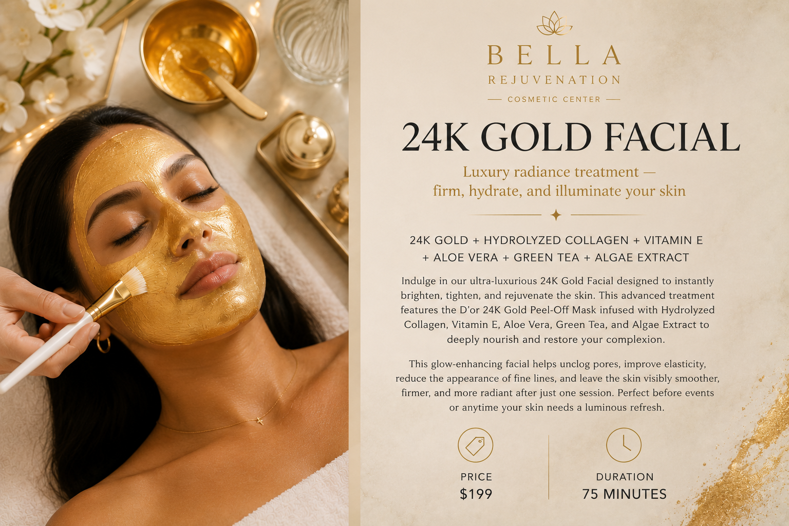 A woman with dark hair and jewelry reclines with her eyes closed as a skincare professional applies a gold facial mask to her face with a brush. She is surrounded by spa items including a golden bowl, a wooden spatula, a glass, and a tray. The right side of the image contains promotional text about a 24K Gold Facial treatment offering luxury skincare benefits.